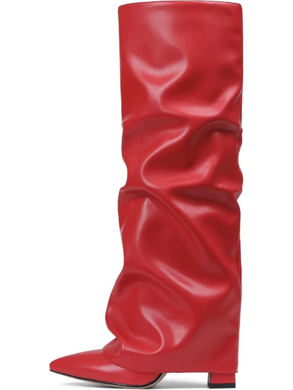 Women's Red Pu Pointed Toe Fold Over Chunky Block Heel Slouchy Knee High Boots